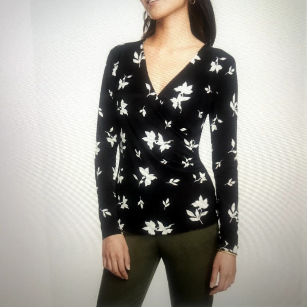 AnnTaylor Factory NWT Black Floral Ruched Long Sleeve Top Sz XS